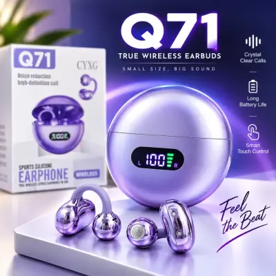 Q71 True Wireless Open-Ear / Ear Clip Earbuds – Digital LED Display, HD Stereo Sound, Noise Reduction Call Feature, 30mAh Earbud &amp;amp; 180mAh Charging Case for Sports &amp;amp; Daily Use