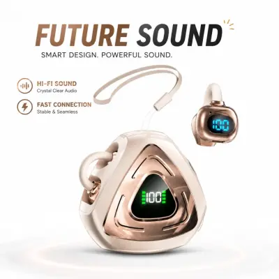 J82 Open-Ear Clip-On True Wireless Earbuds – Bluetooth 5.4 TWS Gaming Headphones with Digital LED Display, Low Latency &amp; IPX4 Waterproof