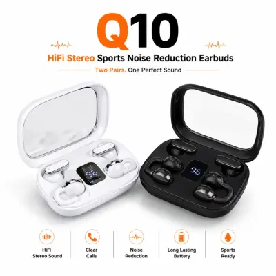Q10 HiFi Stereo Sports Wireless Earbuds (2 Pairs) – 4-in-1 Combo Set with In-Ear &amp; Open-Ear Clip Design, Bluetooth 5.4, LED Digital Display &amp; IPX4 Waterproof